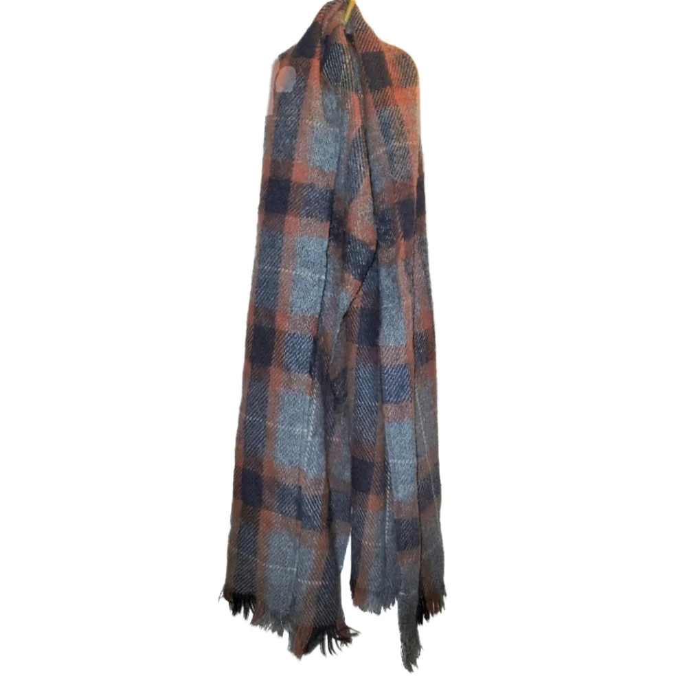 Cozy Wool Tartan Blanket Scarf Black, Red, Gray With Fringe 50
